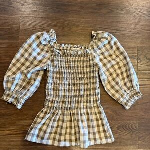 Max Studio Plaid Square Neck Smocked Top